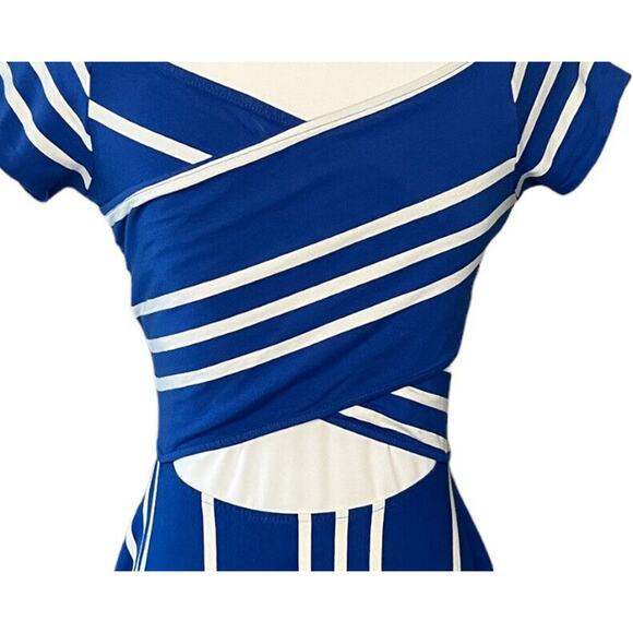 Ann Taylor Loft Dress Women’s Petite PXS Short Sleeve Blue Stripe Open Back - Picture 4 of 6